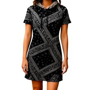 Cosmic Beauty Small Black Women's Short Sleeve Hood Dress Miss Size 4 6 S